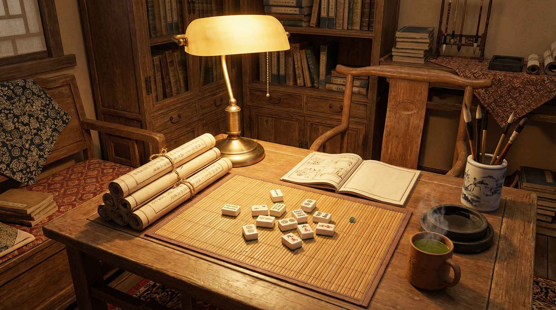 麻将胡了新手入门 - 书房中的麻将学习场景
