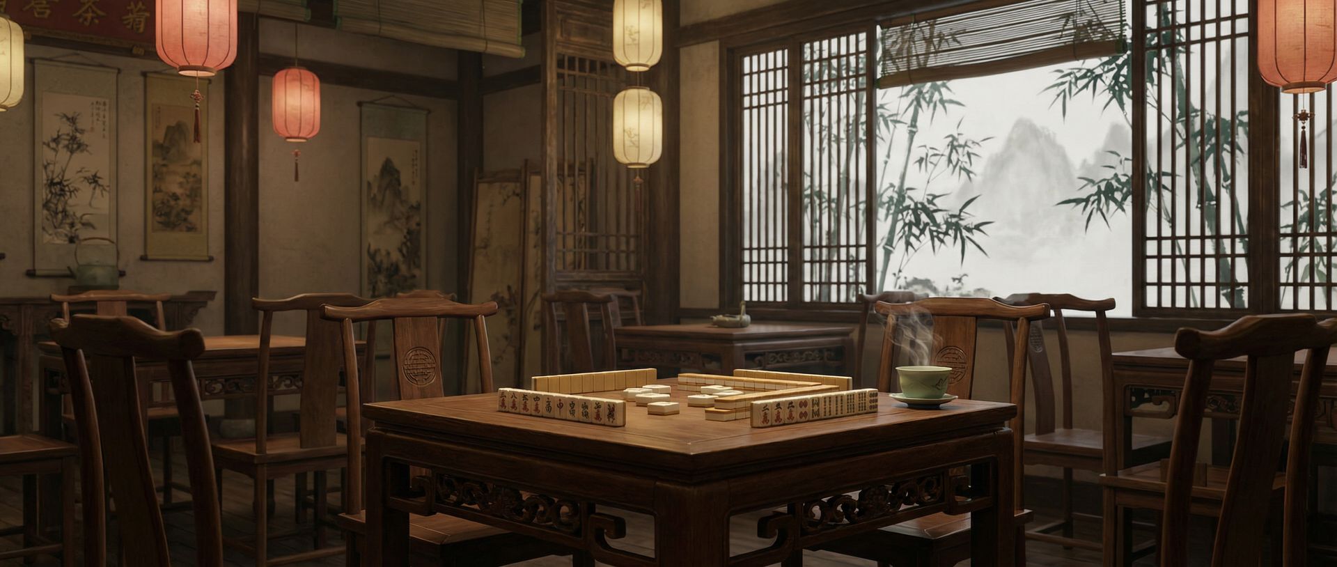 中式茶馆内麻将桌上的雅致牌局场景